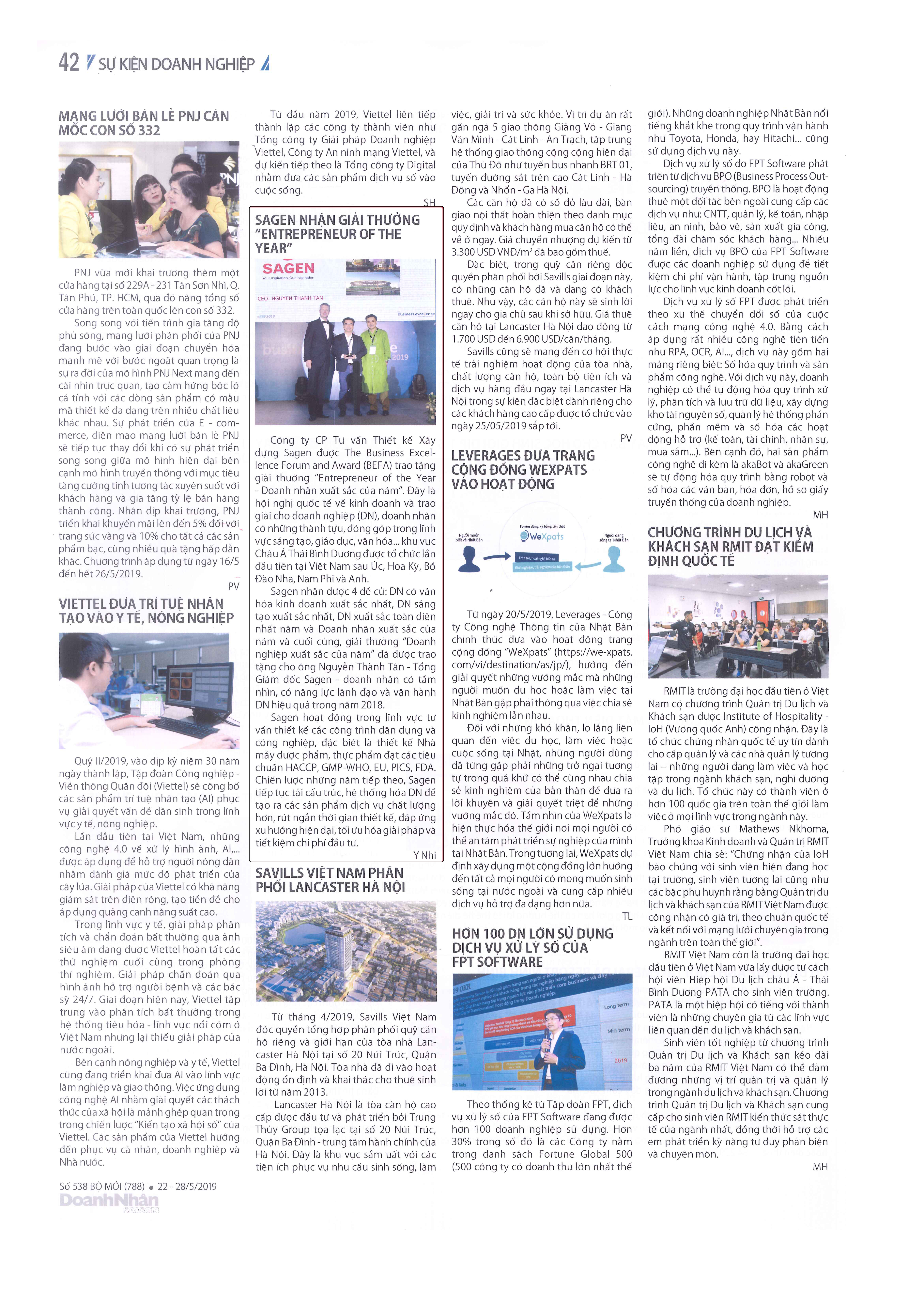 Sagen on Saigon Enterpreneur Newspaper No. 538 - 28/05/2019