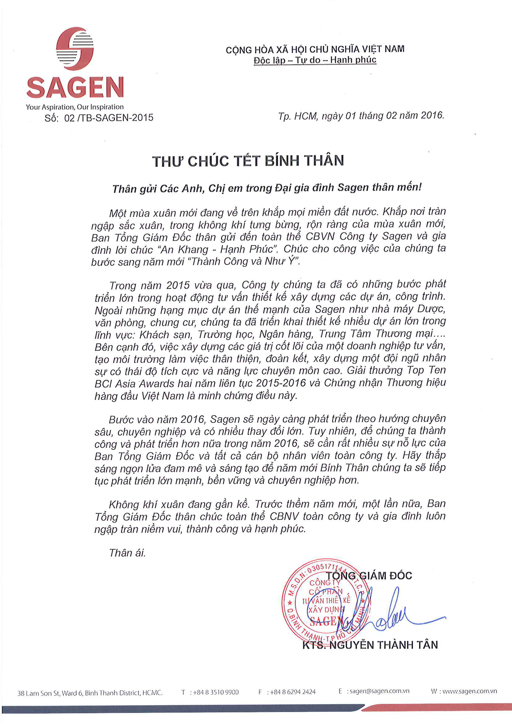 THƯ CHÚC TẾT BÍNH THÂN 2016 CỦA TỔNG GIÁM ĐỐC